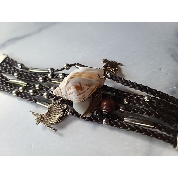 Braided Faux Leather Shell And Bird Charm Bracelet, Magnetic Closure - Picture 7 of 10